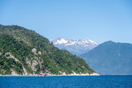Yates volcano, Reloncav&iacute; fjord, fjord landscape with mountains, fjord crossing at Carretera Austral Los Lagos, Patagonia Verde, Chile