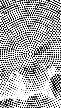 Abstract halftone pattern with black dots radiating in a circular gradient design on white background