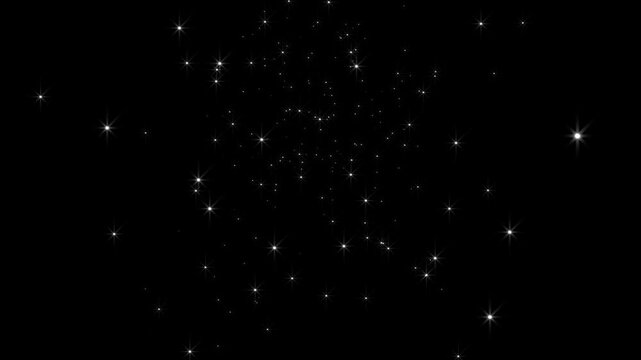 Glitter stars particles blast animation with doodle cartoon twinkling stars, fireworks glitter burst effect, glowing sparkle animation, luxury star effects black screen background. 4k video