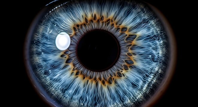 Human Eye With Intricate Blue Iris Patterns Featuring Radial Fibers And Golden Pigmentation For Scientific Research Or Medical Concepts Showing Vision Perception And Biological Anatomy Of Sight