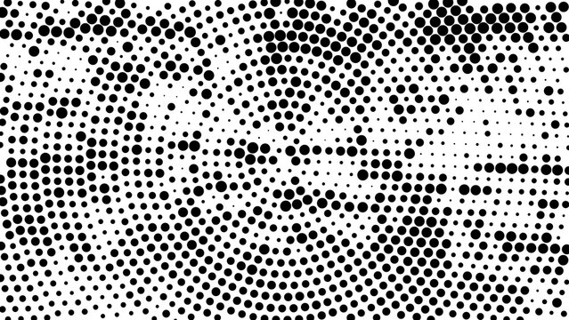 Abstract halftone pattern with black dots arranged in wavy concentric circles creating a dynamic optical illusion effect isolated on white background