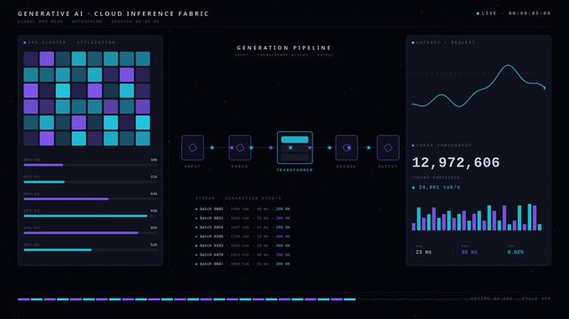 Digital dashboard interface displaying generative cloud inference data analytics