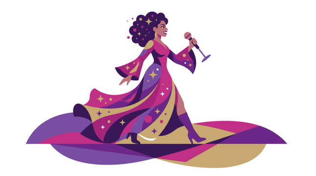 Disco Diva Singing with Microphone, Retro Style Woman, 70s Music, Colorful Dress