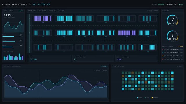 Digital data center cloud operations dashboard displaying real time analytics