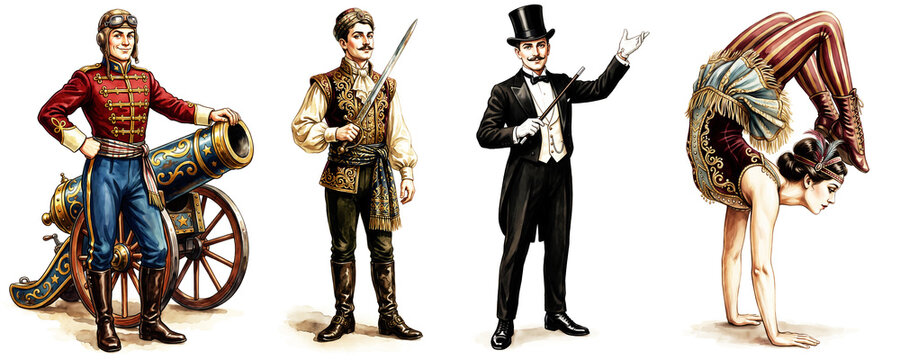 A collection of four vintage-style circus performers including a human cannonball, a sword swallower, a magician in a top hat, and a contortionist, isolated on a white background.