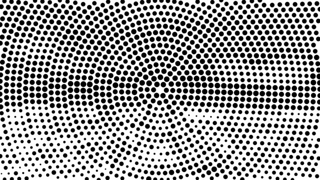 Abstract halftone pattern with black dots radiating in a circular design isolated on white background