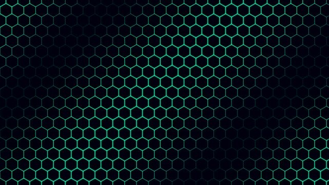 Seamless looping motion of glowing cyan honeycomb grid pattern