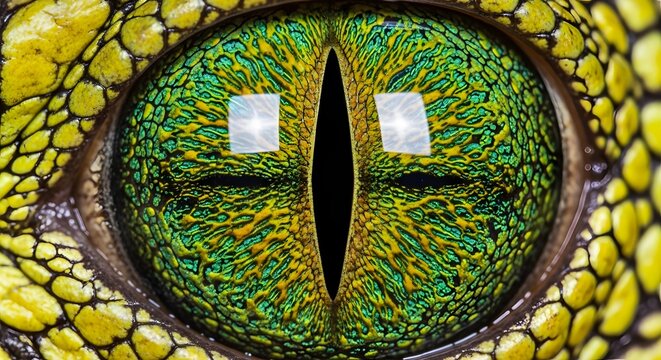 Vivid green reptile eye with vertical pupil and textured scaly skin patterns showcases natural predatory gaze of wild lizard species found in tropical habitats for scientific wildlife biology