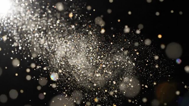 Natural organic dust particles floating on black background with light source