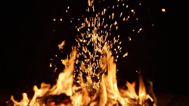 Natural organic dust particles floating on black background with fire