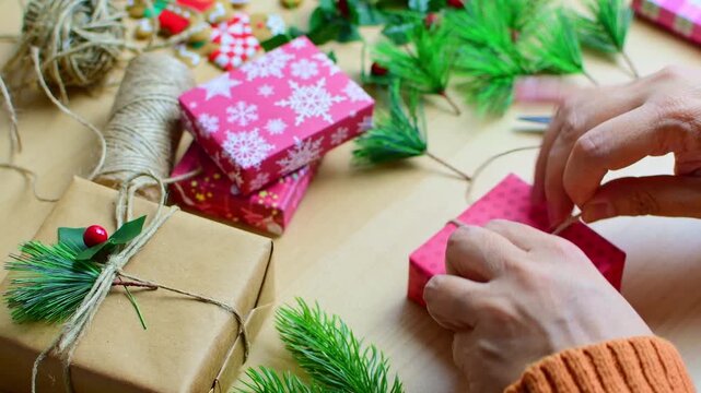 Woman's hands wrapping christmas present box