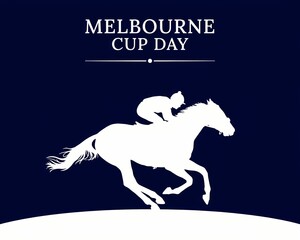 Obraz premium Melbourne cup day horse racing event graphic with jockey riding a fast running horse silhouette