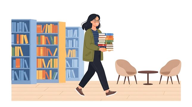 Modern Flat vector illustration of a woman walking through a library while carrying several books, casual clothing.