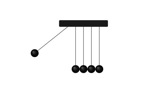 Black Newton's cradle swinging back and forth on a plain white background demonstrates the conservation of momentum.