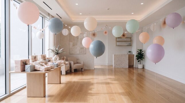 Festive party room decorated with pastel balloons and wrapped gifts on wooden tables