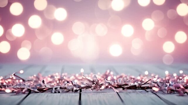 Horizontal 4K footage with pink Christmas decorations and flashing lights.