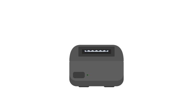 Flat vector animation shows a dark grey thermal printer printing out a paper receipt on a white background.