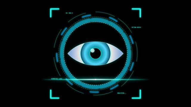 Glowing blue biometric retina scanner performs an eye recognition check on a dark digital interface.