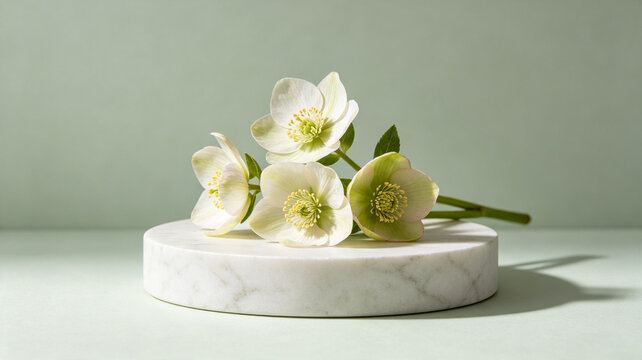 Elegant white hellebore flowers resting on a circular marble podium against a soft green background, creating a minimalist and serene still life.