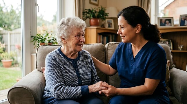 Caring nurse holds hands with elderly woman in comfortable home setting