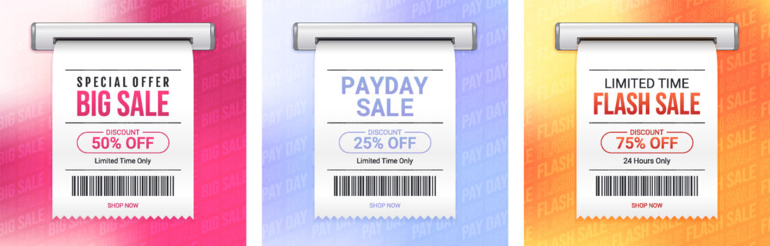 Big Sale, Payday Sale and Flash Sale Receipt Banner Bundle, Discount Promotion Templates with Barcode, Limited Time Offer and Shopping Sale Labels for Retail Marketing