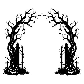 Halloween Haunted Graveyard Gate Vector Frame with Twisted Dead Trees, Iron Fence, Lanterns, Crosses and Jack O Lanterns, Gothic Cemetery Border for Spooky Background Design