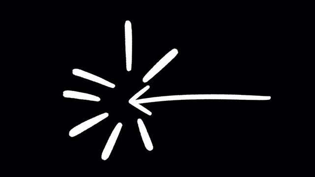 2D Hand Drawn White Arrow Pointing to Radial Sparkle Burst Focus Animation Frame by Frame Overlay with Transparent Background Alpha Channel