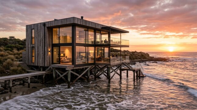 Modern stilt house on the coast at sunset.