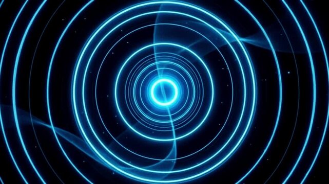Abstract blue glowing concentric circles and light waves on a dark background
