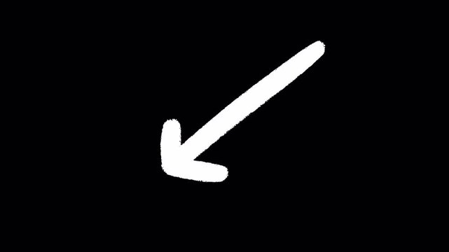 2D Hand Drawn White Diagonal Down Left Arrow Pointer Animation Frame by Frame Overlay with Transparent Background Alpha Channel