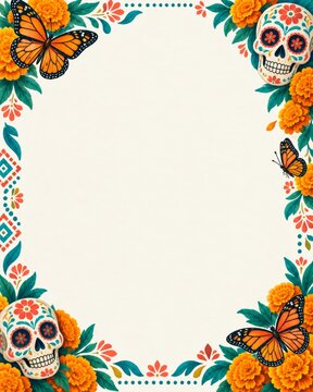 A Day of the Dead floral border surrounds a blank central space. Sugar skulls and marigolds form a colorful folk pattern. The design supports memorial celebration with generous copy space.