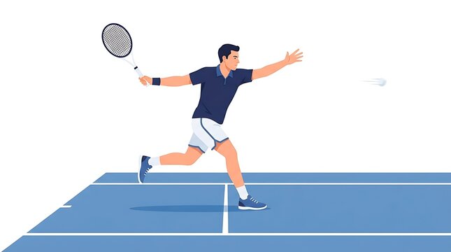 Modern Flat vector illustration of a man playing tennis on a court, holding a tennis racket after hitting the ball.