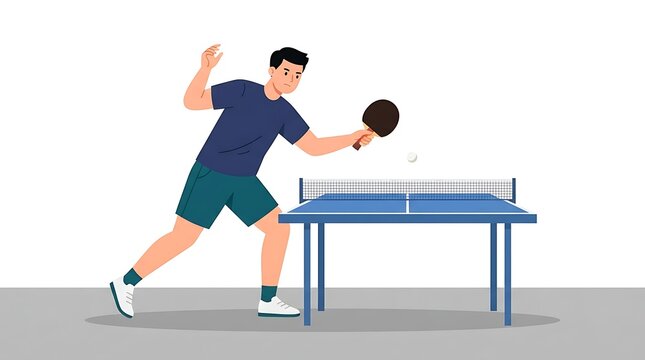 Modern Flat vector illustration of a man playing table tennis indoors, holding a paddle while preparing to return the ball.
