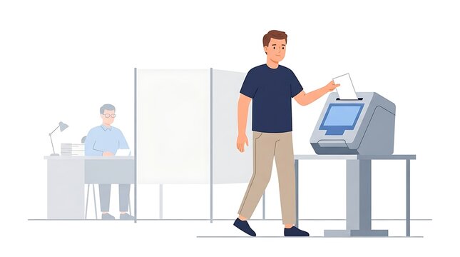 Modern Flat vector illustration of a man placing a ballot into a voting machine at a polling station, simple neutral election environment.