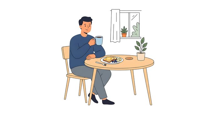 Modern Flat vector illustration of a man sitting at a kitchen table eating breakfast, holding a cup of coffee.