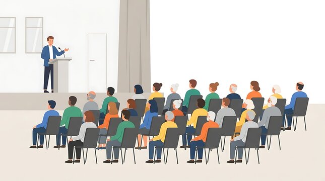 Modern Flat vector illustration of a group of citizens attending a town hall meeting, people seated in rows while listening to a public official speaking, neutral civic environment.