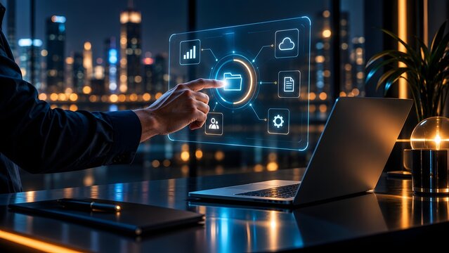 Businessman hand touching a glowing digital folder icon on a floating holographic interface symbolizing secure file management and cloud data organization