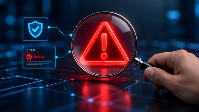 Hand holding a magnifying glass over a glowing red warning triangle on a digital interface representing cybersecurity threat scanning and vulnerability detection