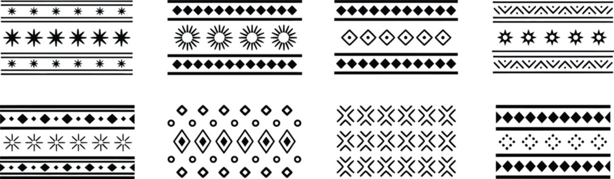 Tribal dividers borders, and delimiters, traditional geometric ornaments inspired by Mayan Aztec African and Mexican tribal motifs for frames borders and decoration.