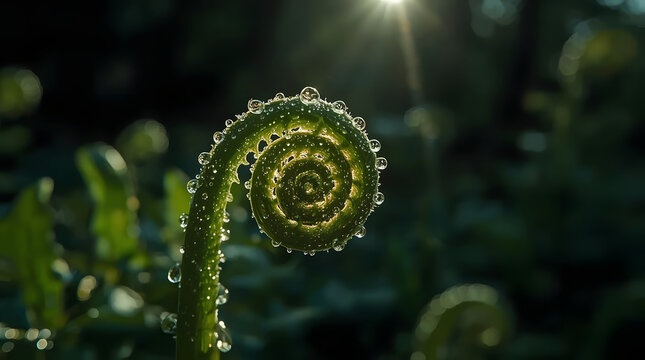 Macro Fern Frond Unfurling with Morning Dew Drops and Fresh Green Tones with Copy Space for Text