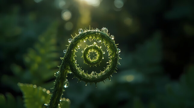 Macro Fern Frond Unfurling with Morning Dew Drops and Fresh Green Tones with Copy Space for Text