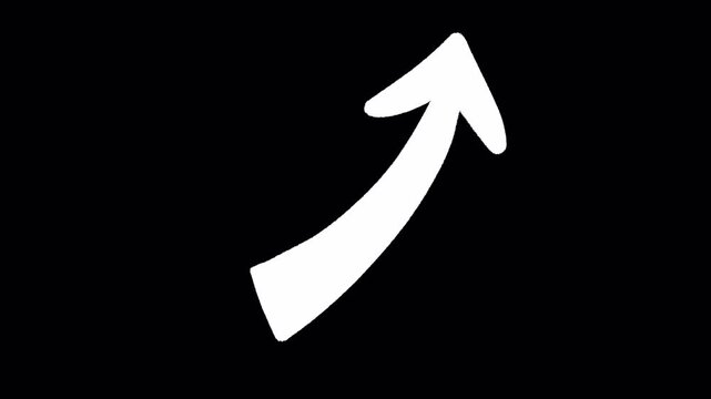 2D Hand Drawn White Upward Pointing Curved Arrow Animation Frame by Frame Overlay with Transparent Background Alpha Channel
