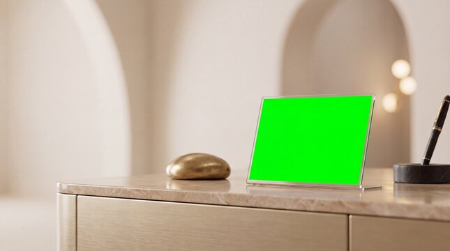 Luxury office design, an elegant workspace featuring an oled automation dashboard on a marble desk