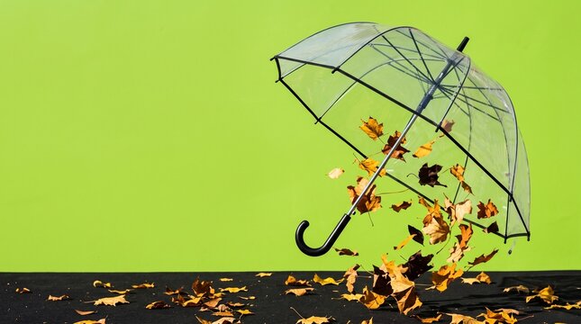 Transparent umbrella arcs through late autumn leaves