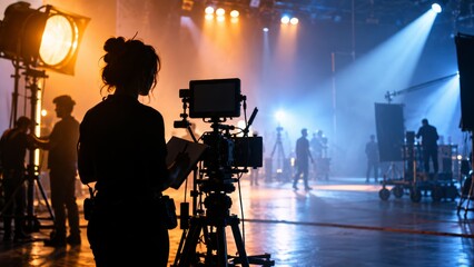 Fototapeta premium A woman operates a cinema camera on set. Her top bun creates a clear silhouette against production lights. Behind-the-scenes filmmaking shows creative teamwork and television production.