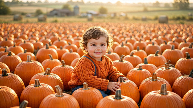 A happy toddler boy wearing an orange knit sweater sits amidst a vast field of ripe orange pumpkins at a farm during beautiful sunset.
