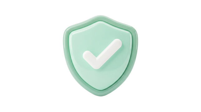 3D shield icon with checkmark, green security symbol for data protection, glossy plastic safety badge for cybersecurity and verification