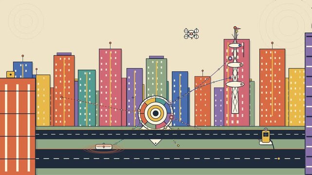 technical poster animation of a futuristic smart city network coming online. A signal originates from a road sensor and propagates through underground conduits into a central network hub