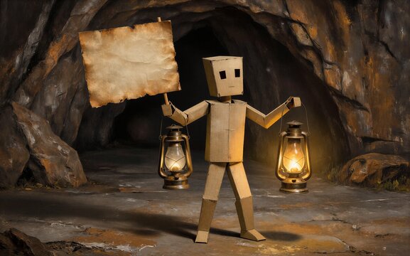 Cardboard robot holds lantern and blank sign in dark cave entrance.