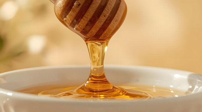 Golden Honey Dripping from Wooden Dipper Macro Shot with Warm Glow and Copy Space for Text Design